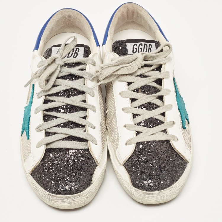 Pre Owned Golden Goose Tricolor Leather, Coarse Glitter and Mesh Superstar Sneakers Size 36