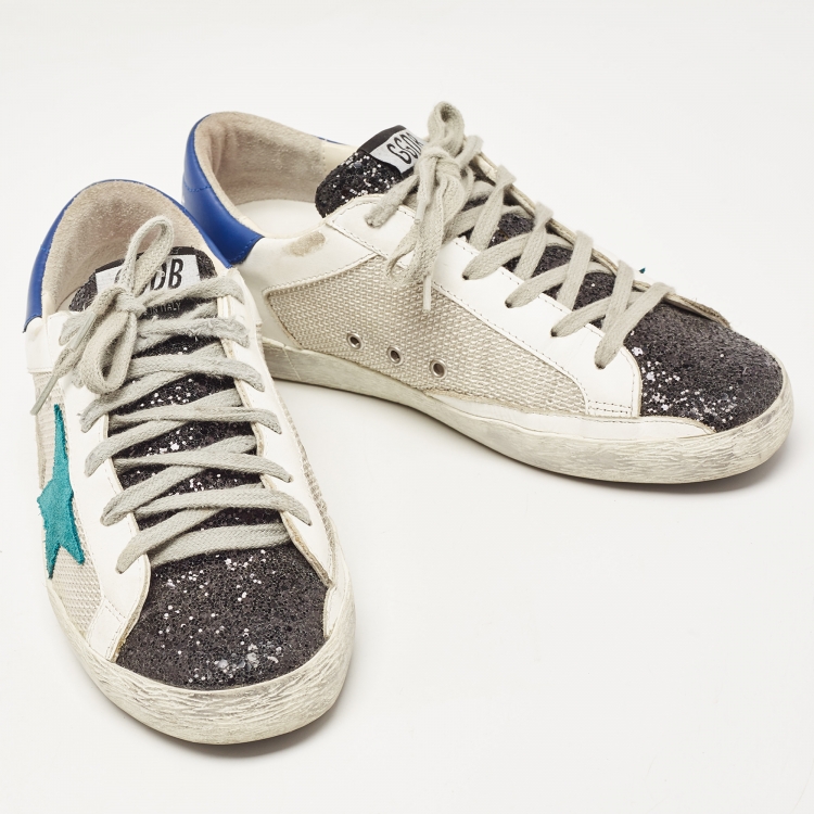 Pre Owned Golden Goose Tricolor Leather, Coarse Glitter and Mesh Superstar Sneakers Size 36