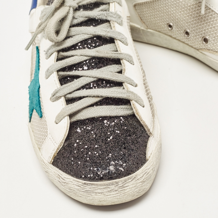 Pre Owned Golden Goose Tricolor Leather, Coarse Glitter and Mesh Superstar Sneakers Size 36