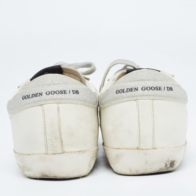 Pre Owned Golden Goose White/Silver Glitter and Leather Superstar Sneakers Size 39