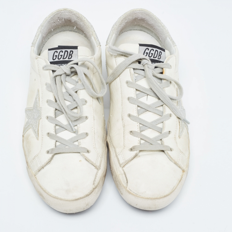 Pre Owned Golden Goose White/Silver Glitter and Leather Superstar Sneakers Size 39