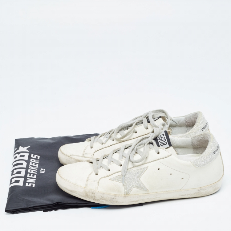 Pre Owned Golden Goose White/Silver Glitter and Leather Superstar Sneakers Size 39