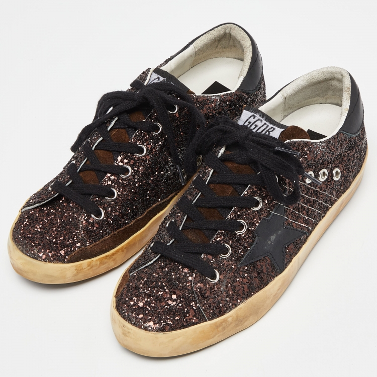 Pre Owned Golden Goose Black/Brown Glitter and Leather Superstar Low Top Sneakers Size 38