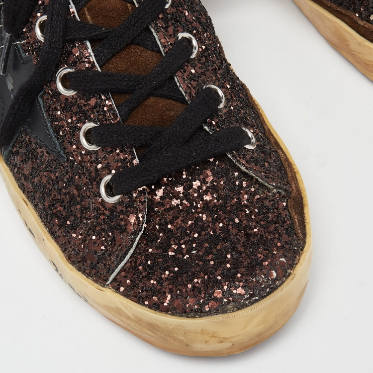 Pre Owned Golden Goose Black/Brown Glitter and Leather Superstar Low Top Sneakers Size 38