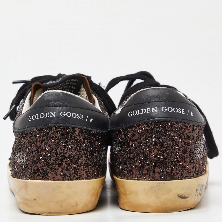 Pre Owned Golden Goose Black/Brown Glitter and Leather Superstar Low Top Sneakers Size 38