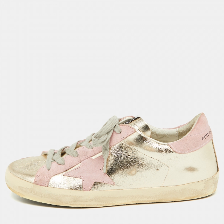 Pre Owned Golden Goose Gold/Pink Leather and Suede Superstar Sneakers Size 39 