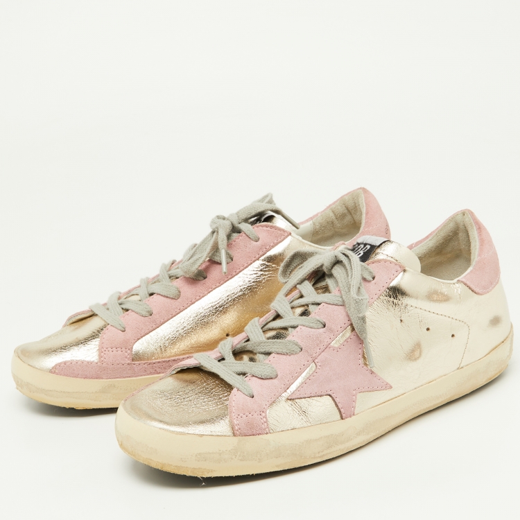 Pre Owned Golden Goose Gold/Pink Leather and Suede Superstar Sneakers Size 39 