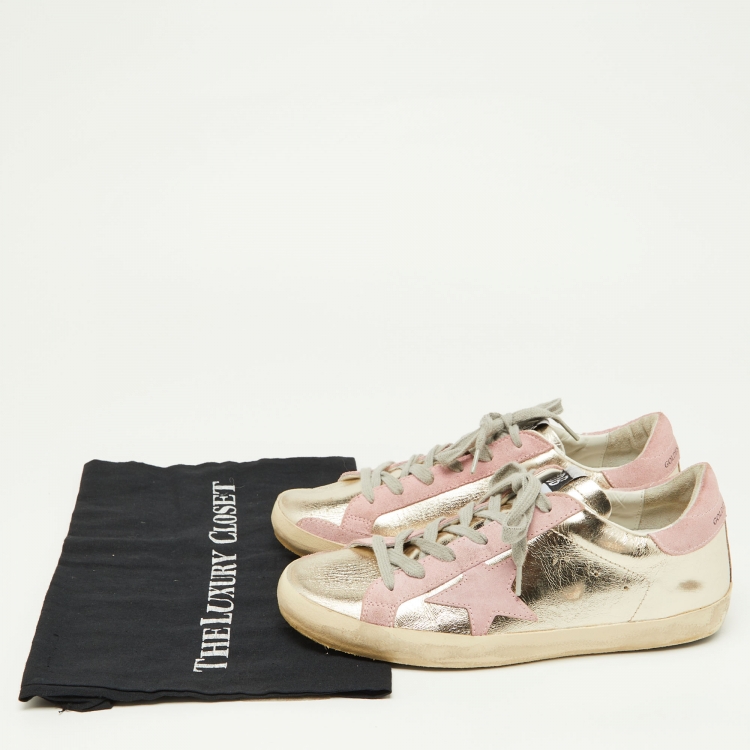 Pre Owned Golden Goose Gold/Pink Leather and Suede Superstar Sneakers Size 39 