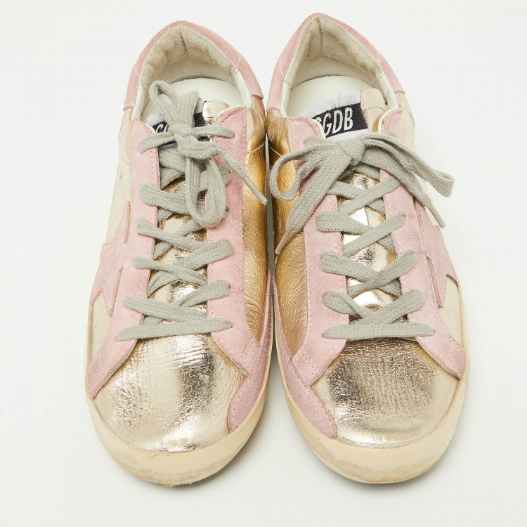 Pre Owned Golden Goose Gold/Pink Leather and Suede Superstar Sneakers Size 39 