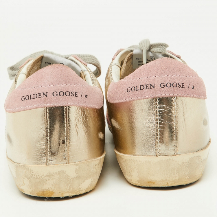 Pre Owned Golden Goose Gold/Pink Leather and Suede Superstar Sneakers Size 39 