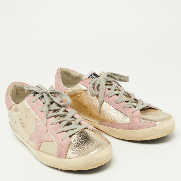 Pre Owned Golden Goose Gold/Pink Leather and Suede Superstar Sneakers Size 39 