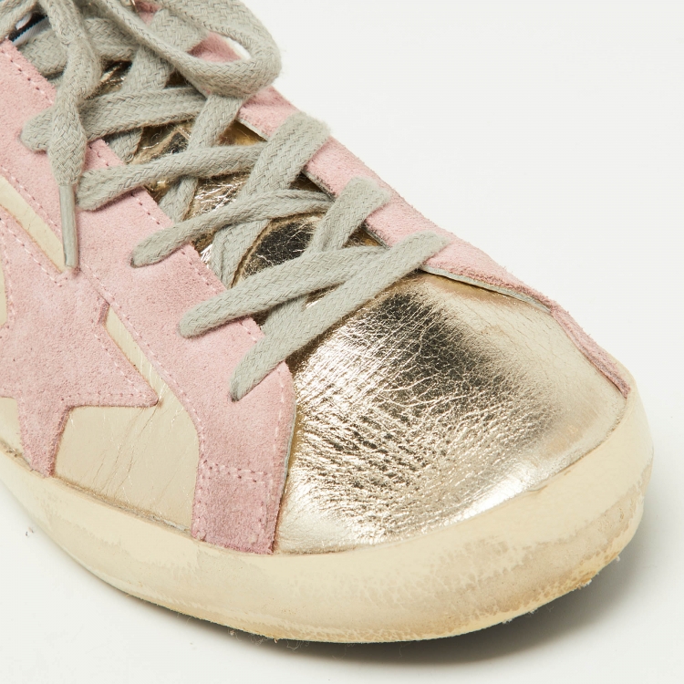 Pre Owned Golden Goose Gold/Pink Leather and Suede Superstar Sneakers Size 39 