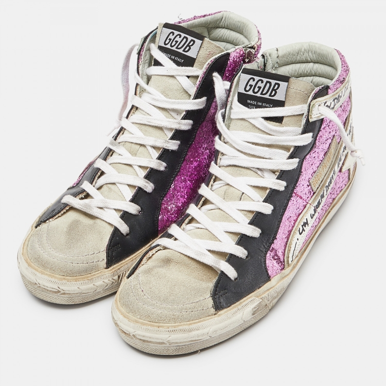 Pre Owned Golden Goose Multicolor Leather,Suede and Coarse Glitter Miami High Top Sneakers Size 38