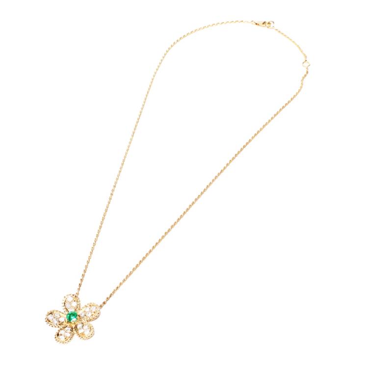 Pre Owned Graff 18K Yellow Gold Diamond Emerald Flower Motif Necklace