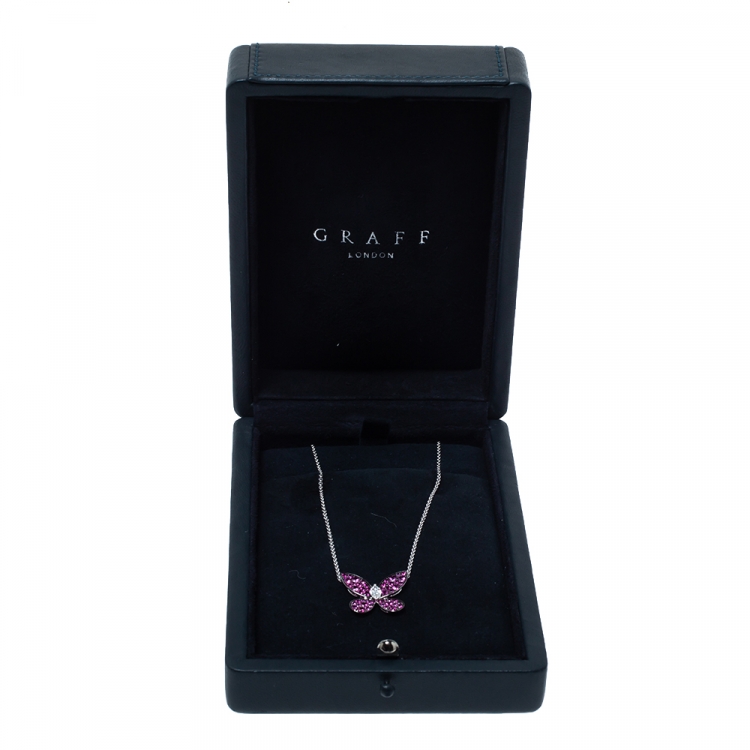 Pre Owned Graff Butterfly Pink Sapphire Diamond 18K White Gold Pendant Necklace