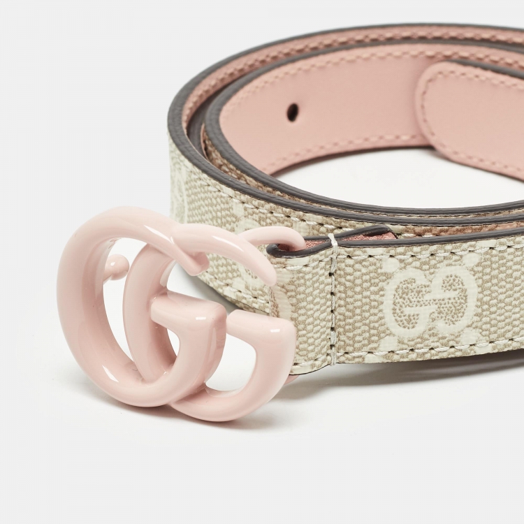 مملوكة مسبقًا Gucci Pink/White GG Supreme Canvas and Leather GG Marmont Slim Belt 80CM