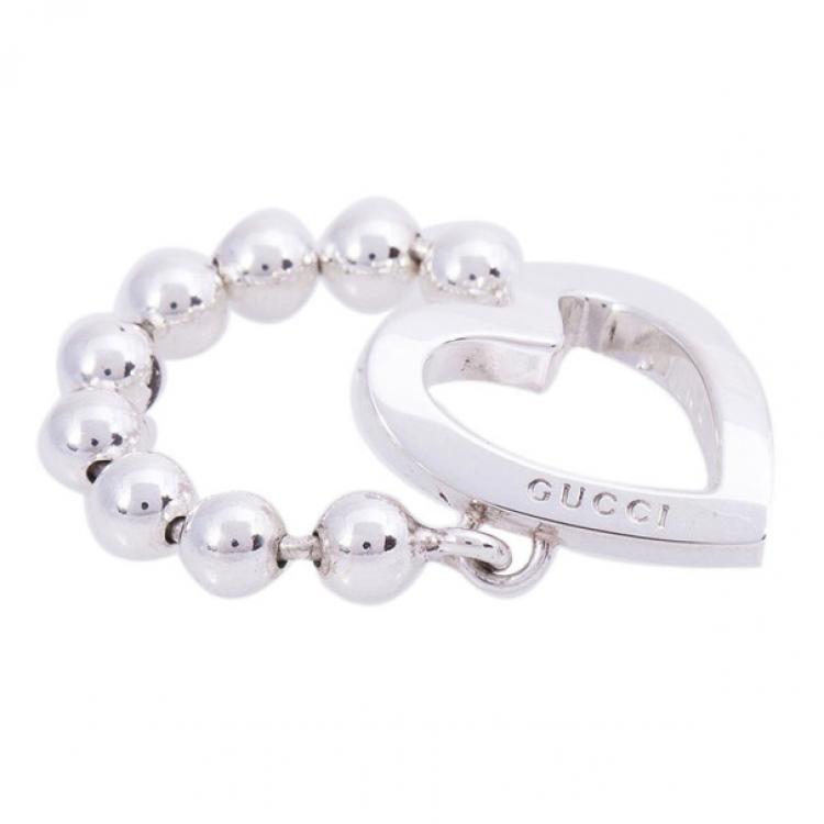 Pre Owned Gucci Silver Heart Chain Ring Size 55