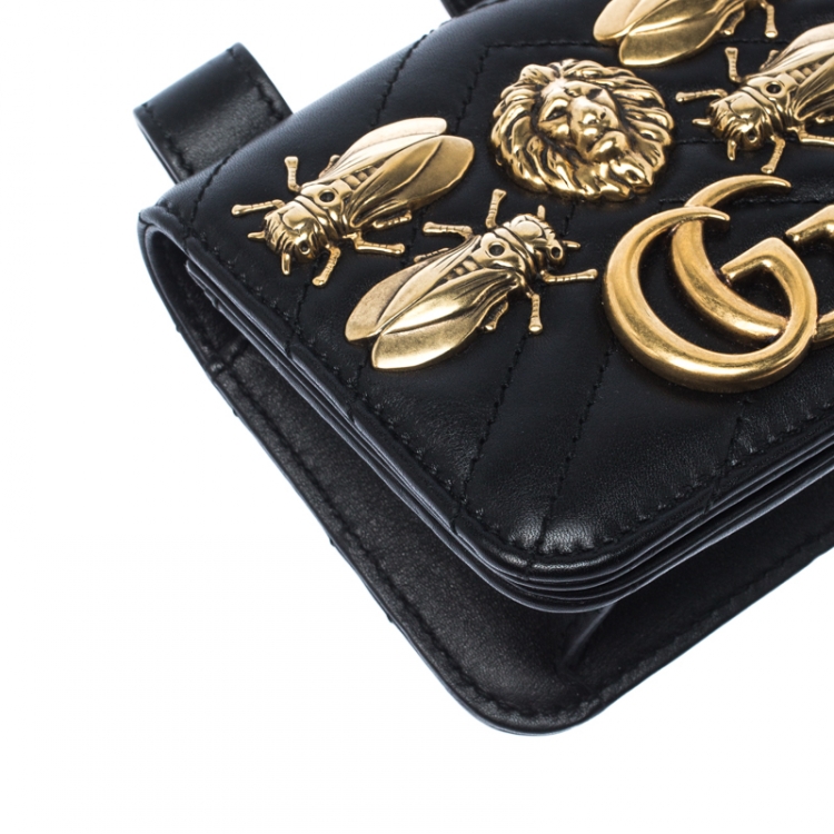 Pre Owned Gucci Black GG Marmont Matelasse Leather Animal Stud Belt Accessory