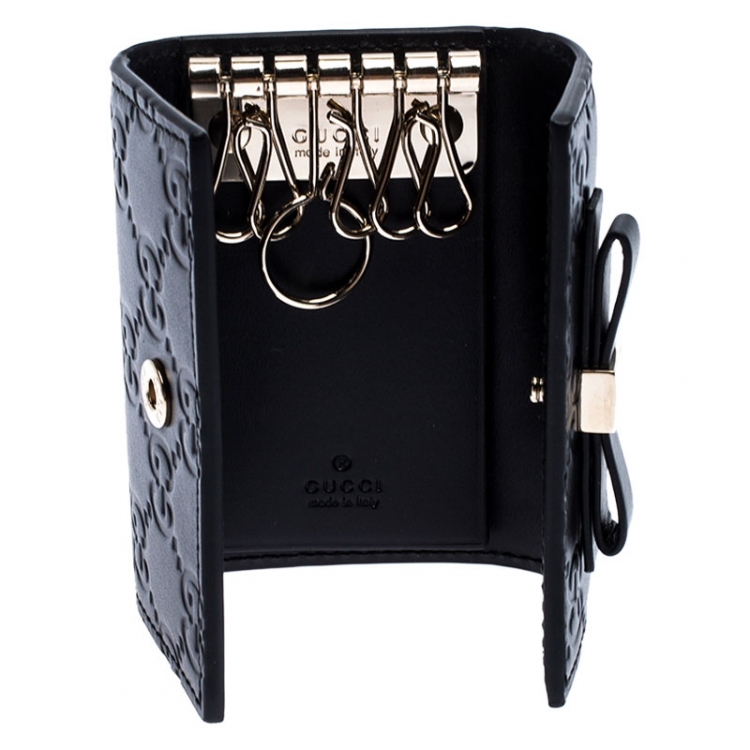 Pre Owned Gucci Black Guccissima Leather Bow Key Holder Case