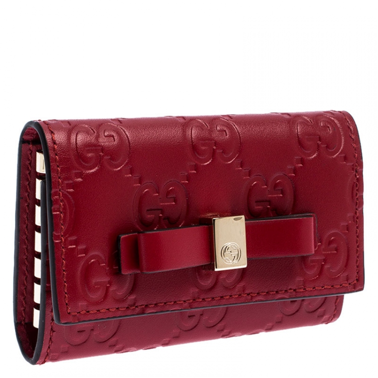 Pre Owned Gucci Red Guccissima Leather Bow 6 Key Holder