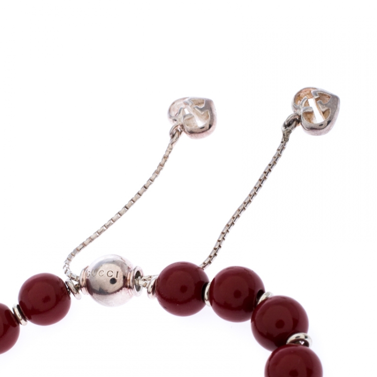 Pre Owned Gucci Red Wooden Beads Silver Adjustable Bracelet