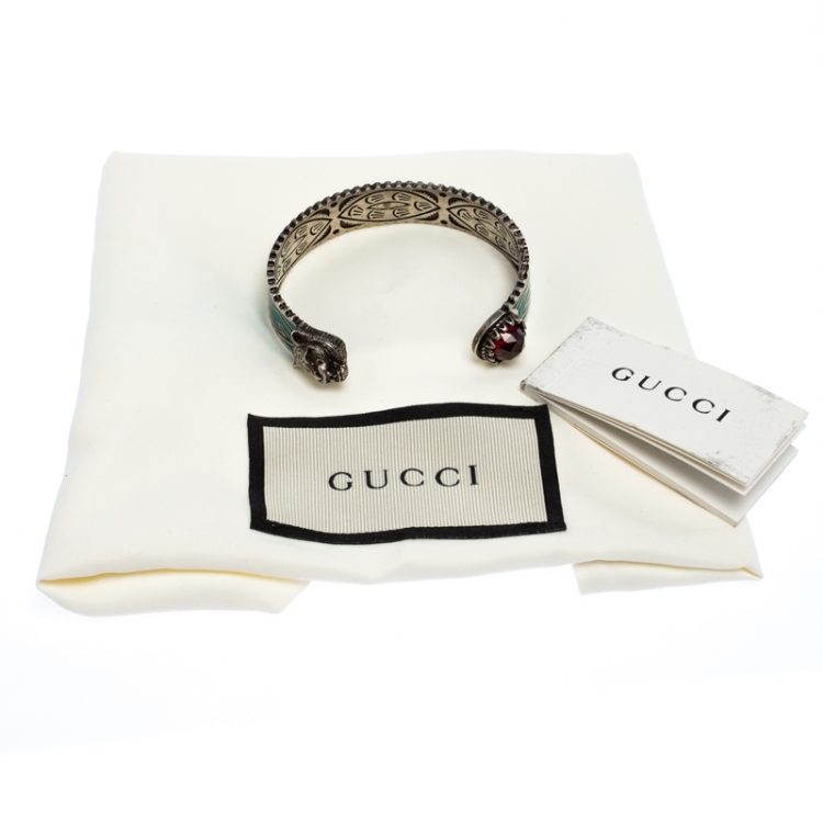 Gucci Garden Feline Head Motif Enamel Silver Open Cuff Bracelet 