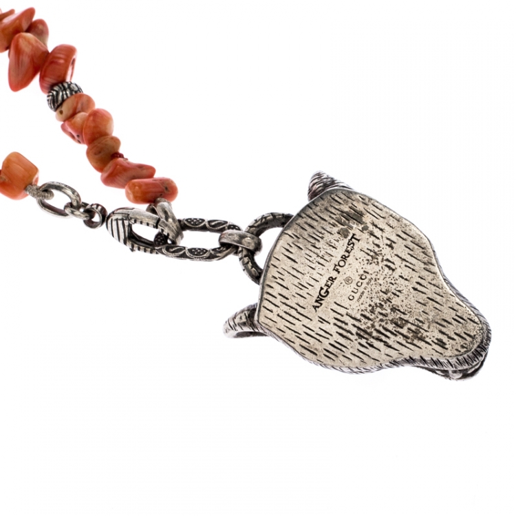 مملوكة مسبقًا Gucci Anger Forest Wolf Head Orange Coral Silver Long Pendant Necklace