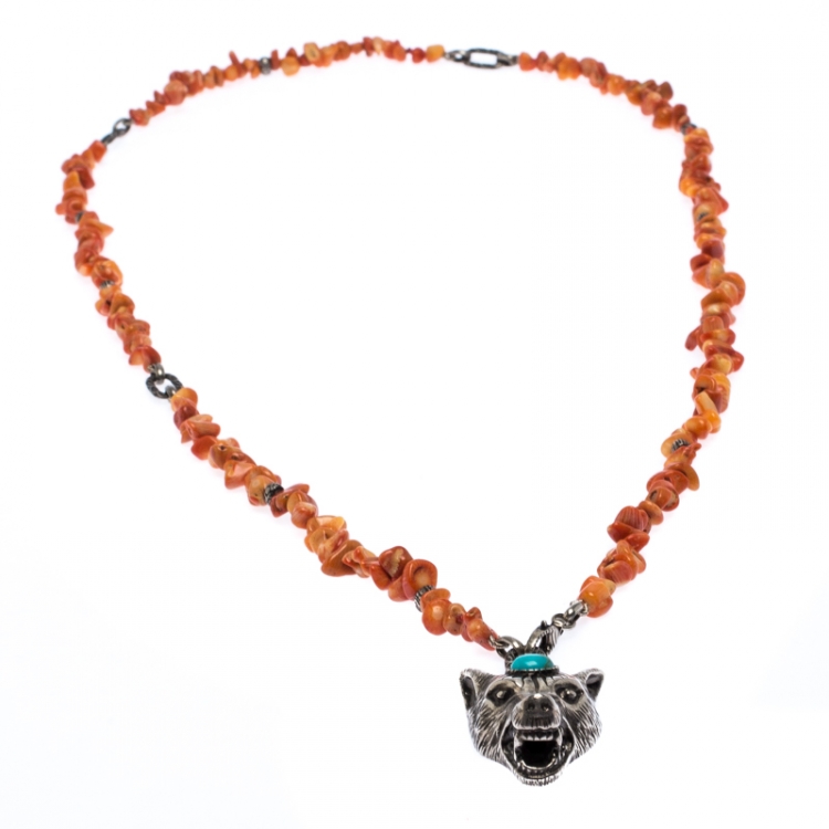 مملوكة مسبقًا Gucci Anger Forest Wolf Head Orange Coral Silver Long Pendant Necklace
