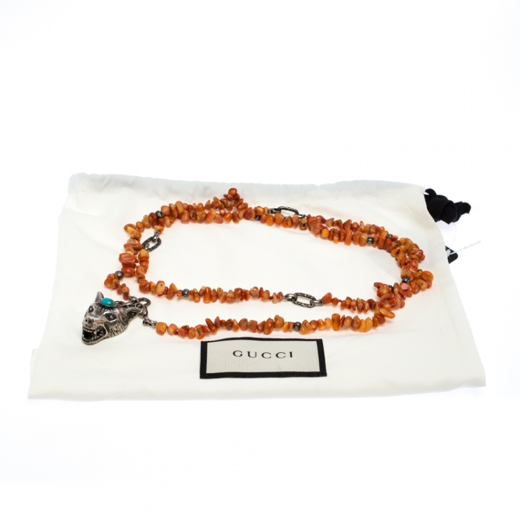 مملوكة مسبقًا Gucci Anger Forest Wolf Head Orange Coral Silver Long Pendant Necklace