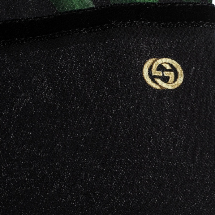 Pre Owned Gucci Black Vanily Iris Print Fringed Silk Georgette Scarf