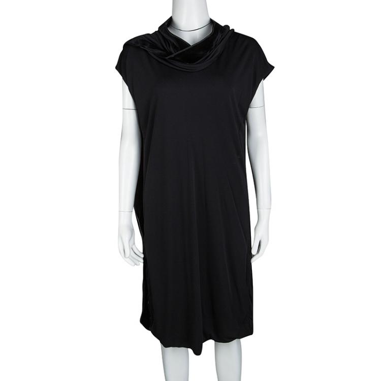 Pre Owned Gucci Black Knit Layered Neckline Detail Velvet Trim Dress L
