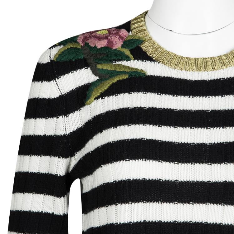 Pre Owned Gucci Monochrome Striped Floral Embroidered Cashmere and Wool Sweater L
