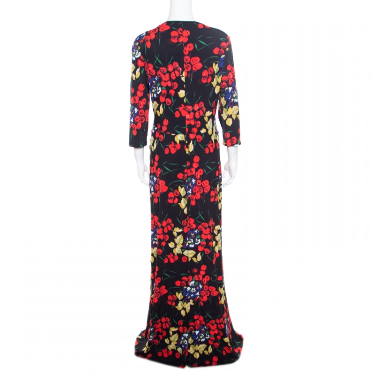 مملوكة مسبقًا Roberto Cavalli Black Floral Shimmer Print Knit Ruched Front Maxi Dress L