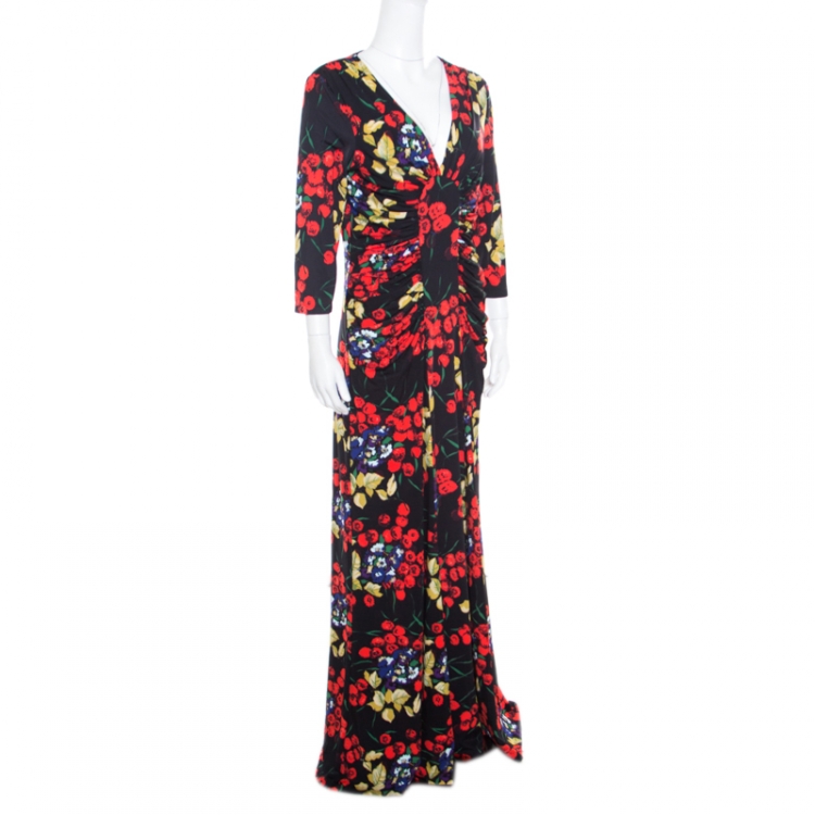 مملوكة مسبقًا Roberto Cavalli Black Floral Shimmer Print Knit Ruched Front Maxi Dress L