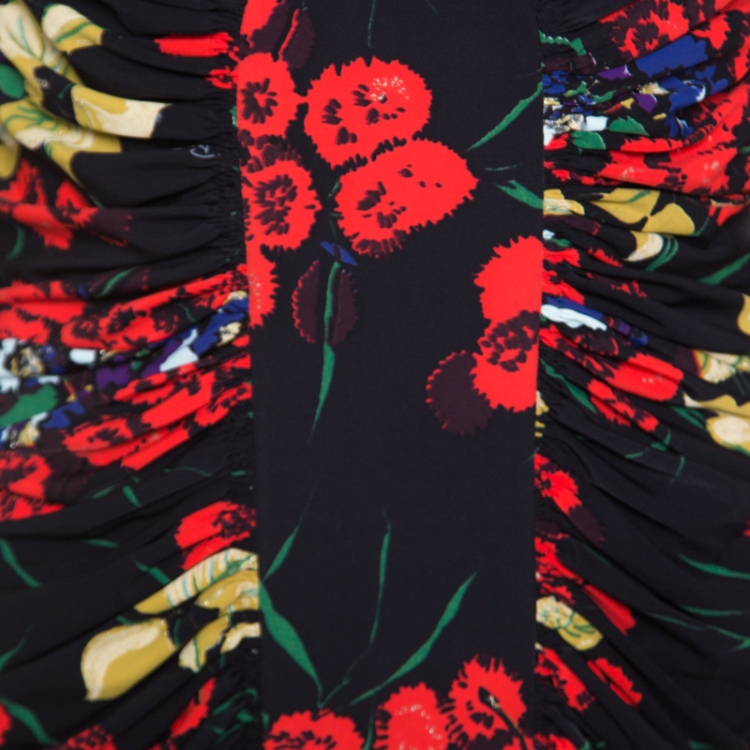 مملوكة مسبقًا Roberto Cavalli Black Floral Shimmer Print Knit Ruched Front Maxi Dress L