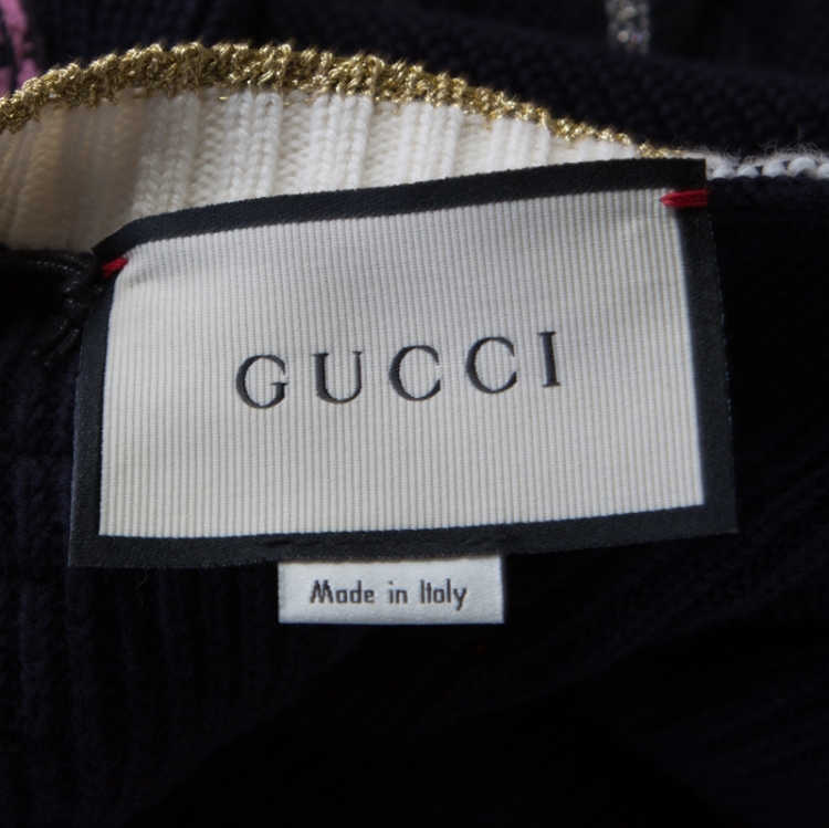 Pre Owned Gucci Navy Blue Web Trim Hanging Monkey Embroidered Embellished Cardigan S