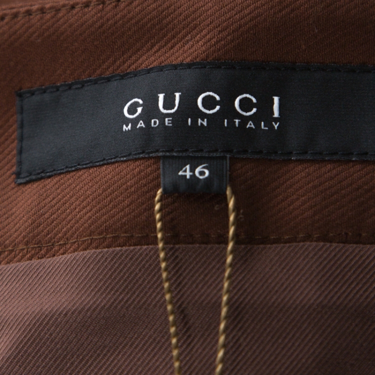 Pre Owned Gucci Brown Stretch Cotton Gold Buckle Detail Pencil Skirt L