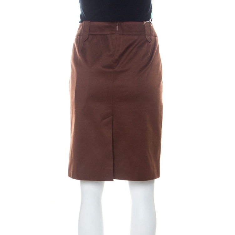 Pre Owned Gucci Brown Stretch Cotton Gold Buckle Detail Pencil Skirt L