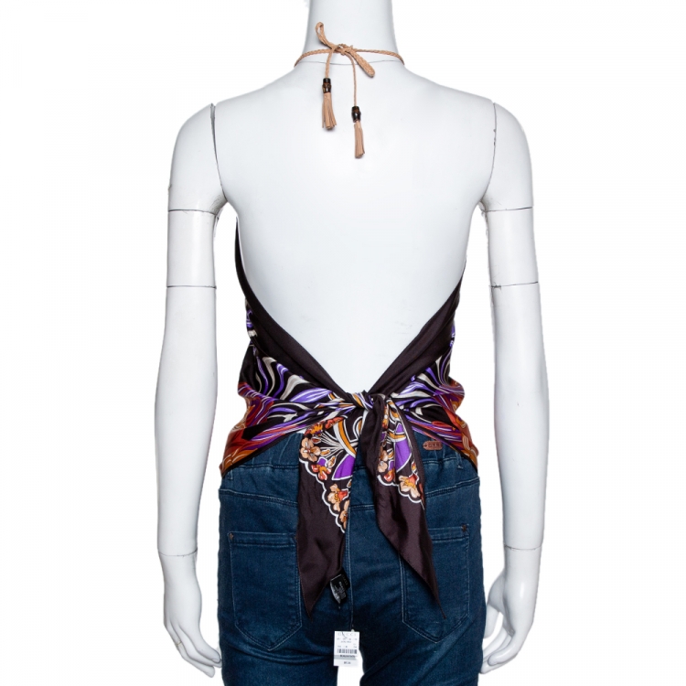 Pre Owned Gucci Brown Printed Silk Scarf Tie Back Halter Top (One Size)