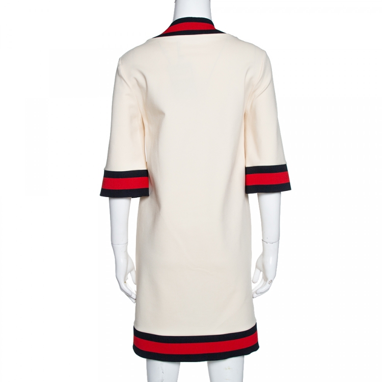 Pre Owned Gucci Cream Stretch Knit Webstripe Detail V Neck Shift Dress L