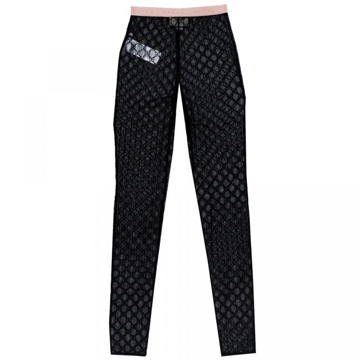 Pre Owned Gucci Black Logo Embroidered Tulle Sheer Leggings XS
