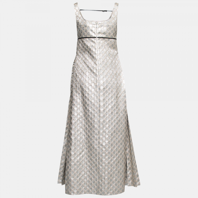 Pre Owned Gucci Gold Metallic GG Jacquard Empire Waist Pleated Long Dress S