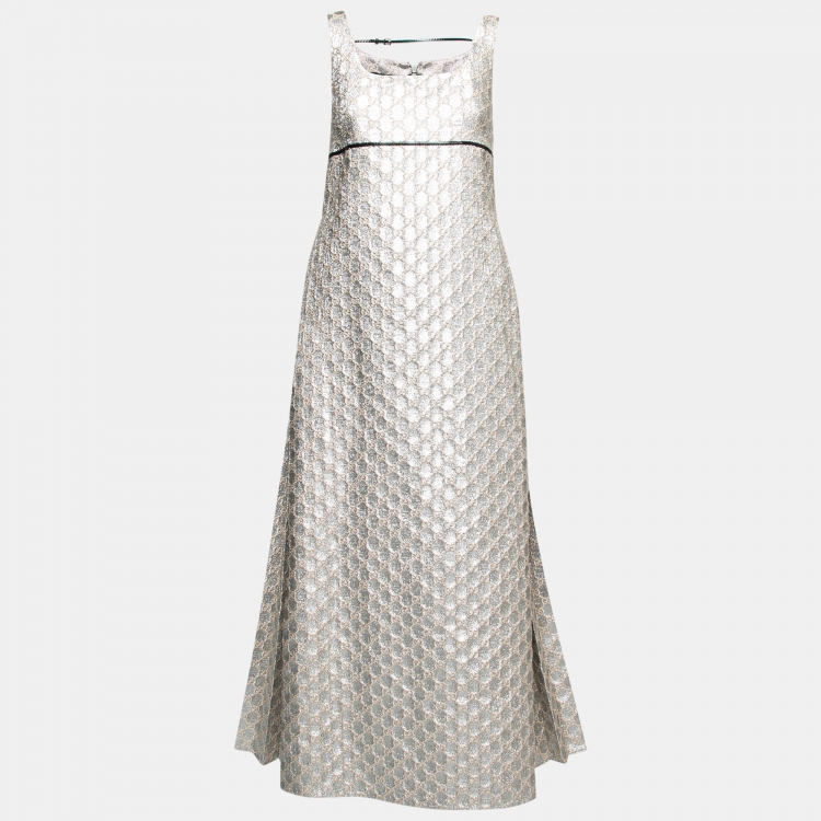 Pre Owned Gucci Gold Metallic GG Jacquard Empire Waist Pleated Long Dress S