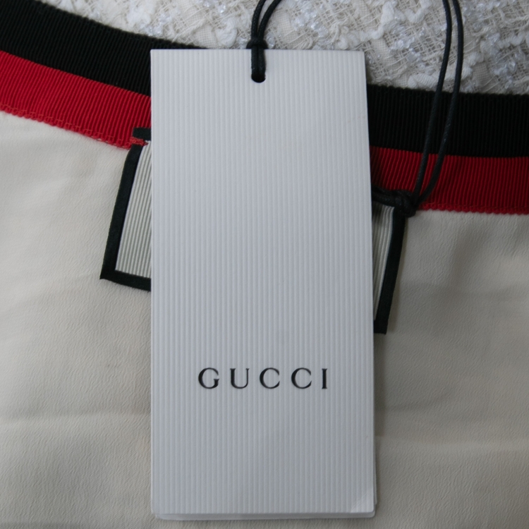 Pre Owned Gucci Cream Tweed Web Ribbon Trim Midi Dress S