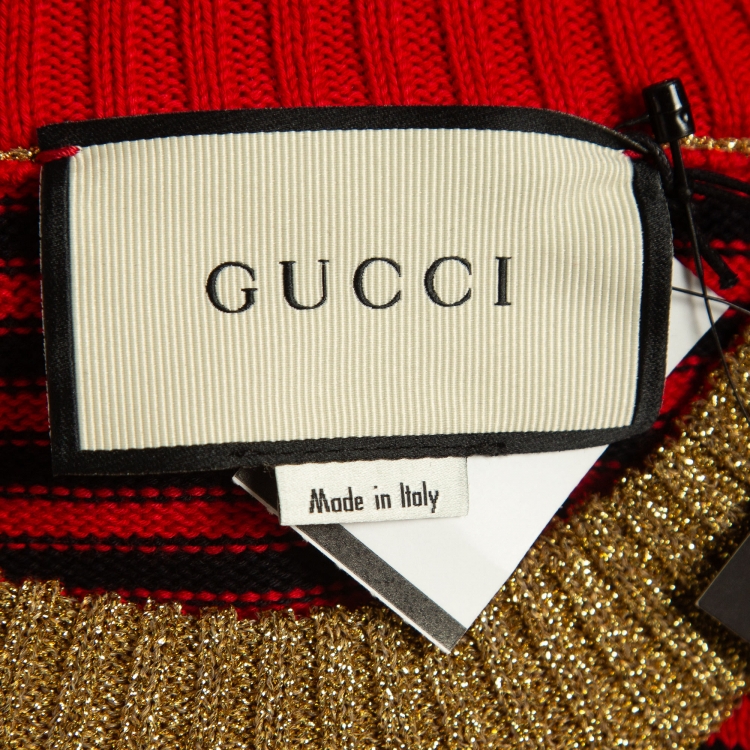 Pre Owned Gucci Red/Black GG Monogram Patterned Knit Sweater L