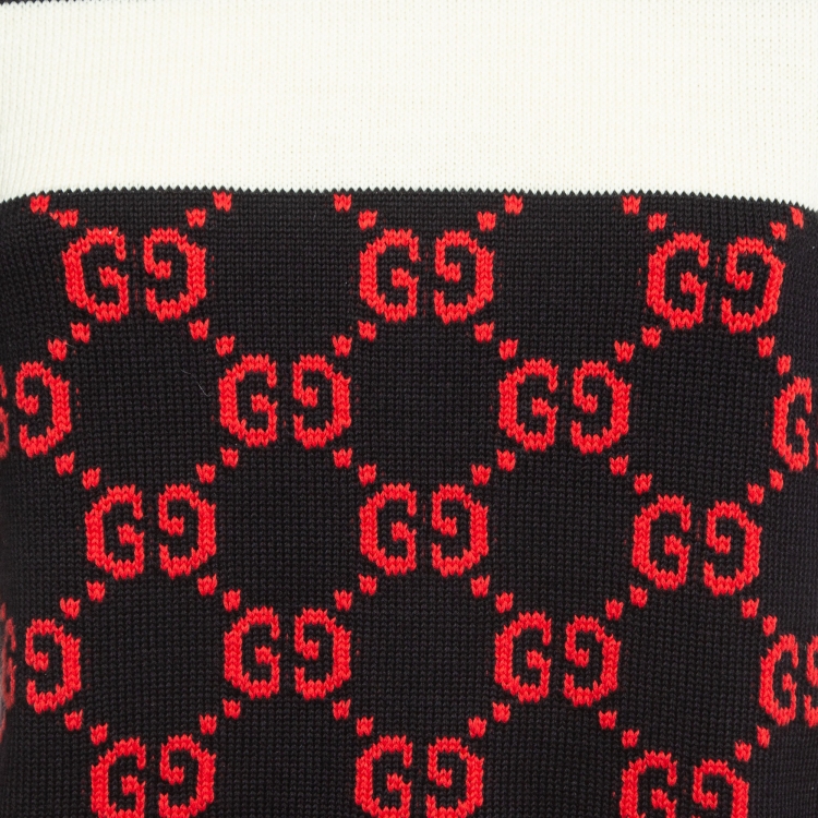 Pre Owned Gucci Red/Black GG Monogram Patterned Knit Sweater L