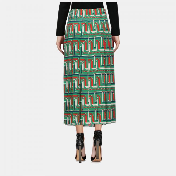 Pre Owned Gucci Green Chain Print Silk Midi Skirt L (IT 46)