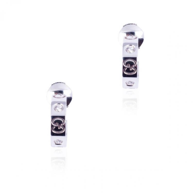 Pre Owned Gucci 18 K White Gold Diamonds Icon Small Hoops Earrings 