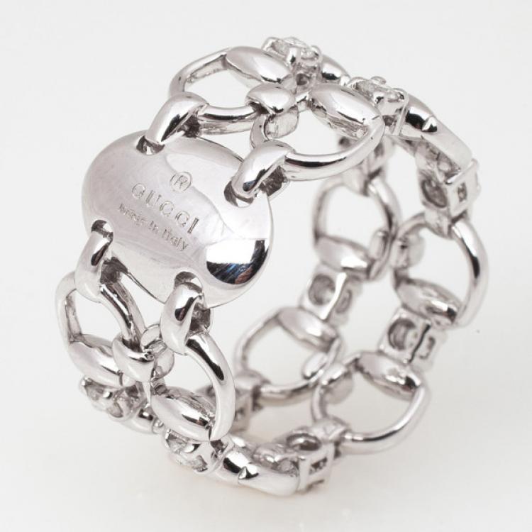 مملوكة مسبقًا Gucci Horsebit White Gold Diamond Double Band Ring Size 55