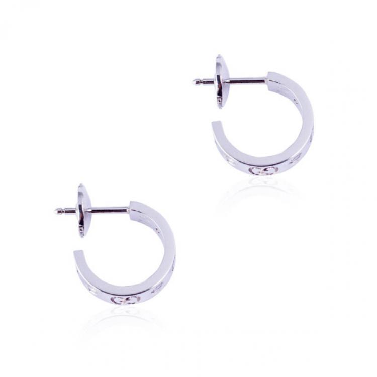 Pre Owned Gucci Icon 18 K White Gold Diamond Small Hoops Earrings 